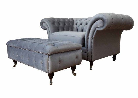 Chesterfield Wingback Chair Footstool Armchair Couch Upholstery Set Gray Fabric
