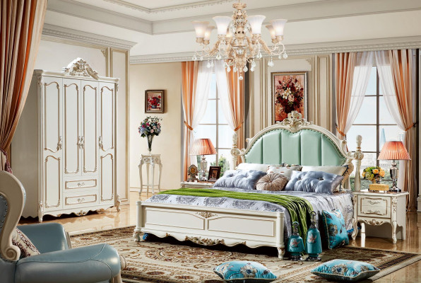 Bed Blue Beautiful Elegant Design Bedroom Upholstered Leather Beds