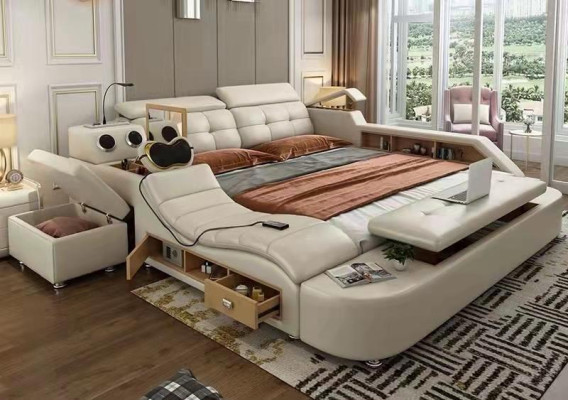 Multifunctional Bed Luxury Design Leather Beds Double Shelf 180x200cm