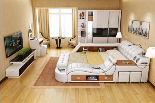 Double Luxury Leather Bed + USB Upholstered Beds Modern Hotel Multifunction