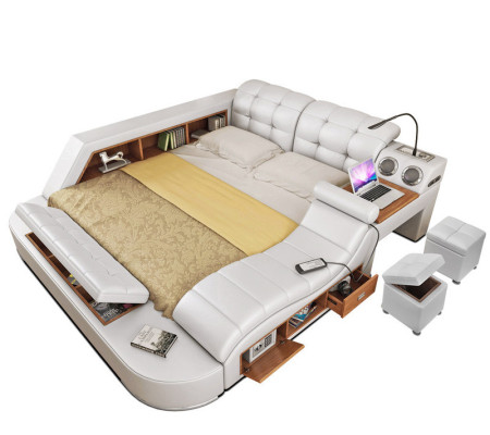 Multifunction Bed Shelf Wardrobe USB Charging Station Double Leather Beds
