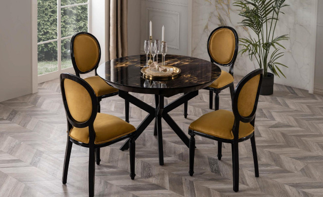Column round table dining table with 4x chairs dining furniture wood 5-piece set.