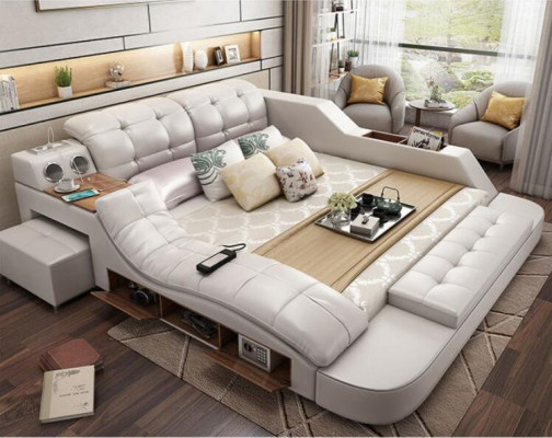 Multifunction Design Bed XXL 180x200 Big Beds Leather Hotel Shelf USB