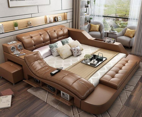 Multifunction Design Bed XXL 180x200 Big Beds Leather Hotel Shelf USB