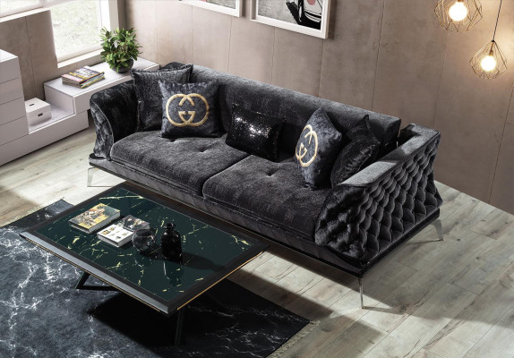 Black couch sofa set 3+1 seat Chesterfield living room upholstery