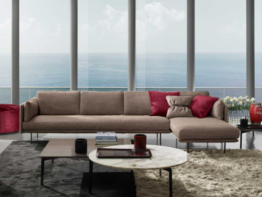 Brown L-shaped sectional sofa couch design upholstery modern fabric living room