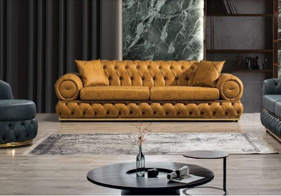 3-seater Chesterfield upholstered sofa, three-seater leather living room blue furniture