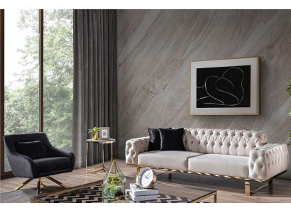 Modern Black White Chesterfield Sofa Set Stainless Steel Furniture Stylish 3+1