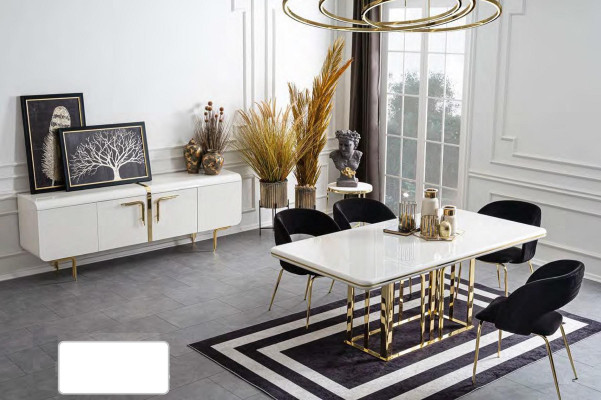 Dining table with 4 chairs, stainless steel elements, sideboard set, 6-piece dining room set.