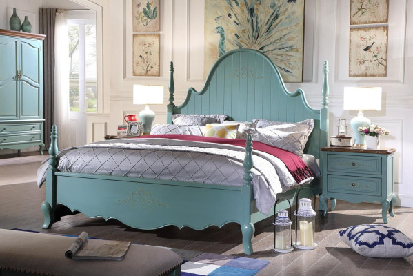 Gentle blue solid wood country-style bedroom furniture suite