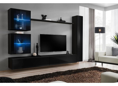 Black Living Room Wall Unit Complete Set Designer Furniture TV Stand Modern