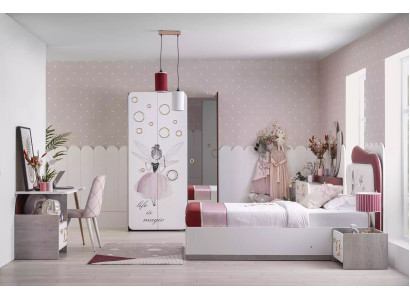 Complete children's furniture - children's bed with bed drawer, wood pink set of 6 pieces