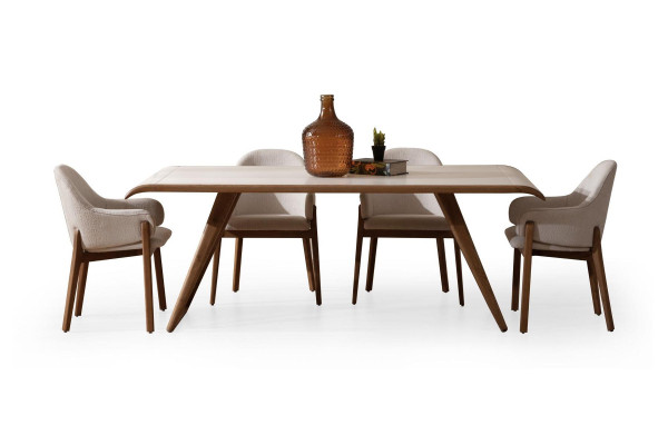 White and brown dining room set, modern dining table, 6 upholstered chairs, 9-piece set
