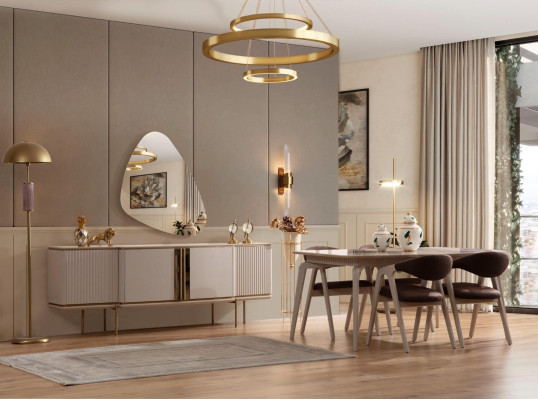 Wooden Furniture Designer Dining Set Beige Dining Table 4x Chairs Sideboard