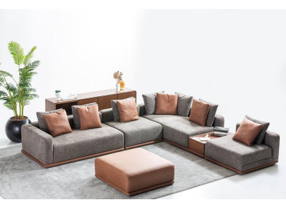 Designer Gray L-Shape Couch Living Room Corner Lounge with 2-Piece Ottoman