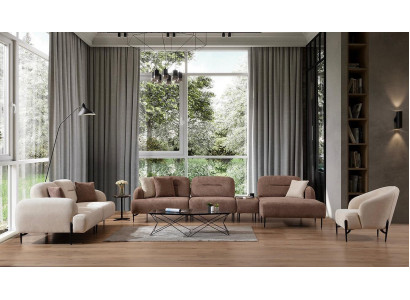 Modern brown and white sofa set 3-seater fabric armchair L-shaped corner sofa