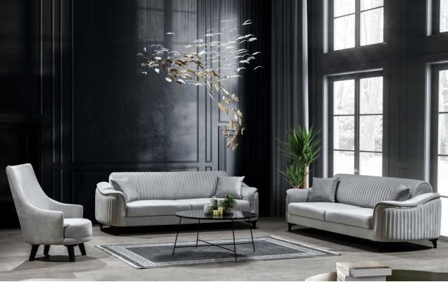 Modern living room armchair single-seater design wood color gray textile