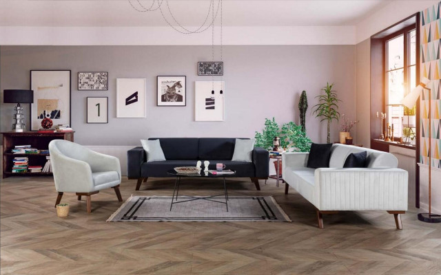 Black Sofa 3-Seater Upholstered Couch Living Room Wood Furniture