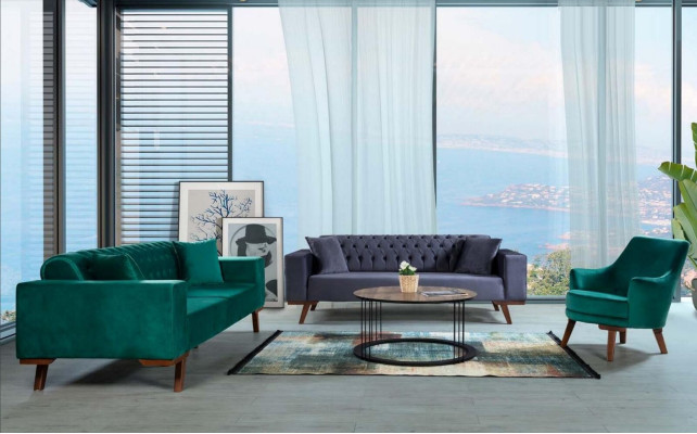 Design sofa three-seater modern couch gray furniture upholstery wood.