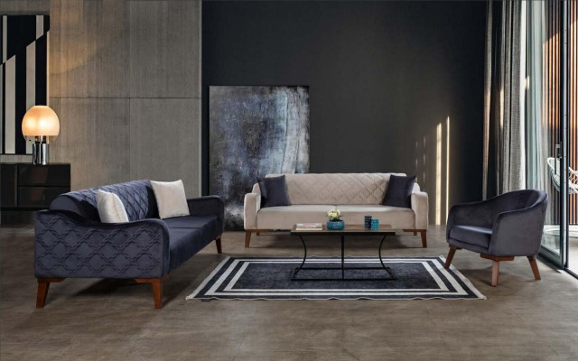 Beige three-seater couch elegant sofa living room seating velvet