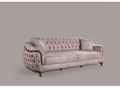 Beige Chesterfield Couch Three-Seater Seat Cushion Sofa Furniture Velvet Wood
