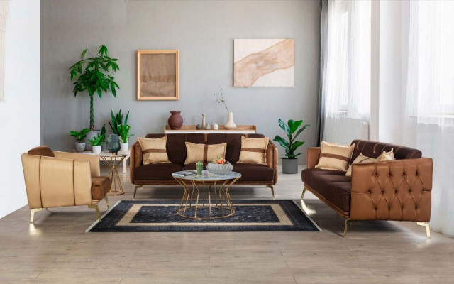Three-seater sofa 3-seater sofas seating fabric modern style textile couches furniture brown