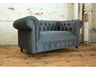 Chesterfield Design Sofa 2-Seater Couch Upholstery Suite Leather Fabric Gray