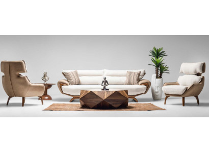 Complete couch set three-seater armchair beige 3-piece upholstered sofa fabric