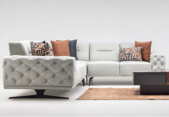 Sectional L-shaped upholstered sofa, fabric sofa, couch, gray sofa, modern fabric.