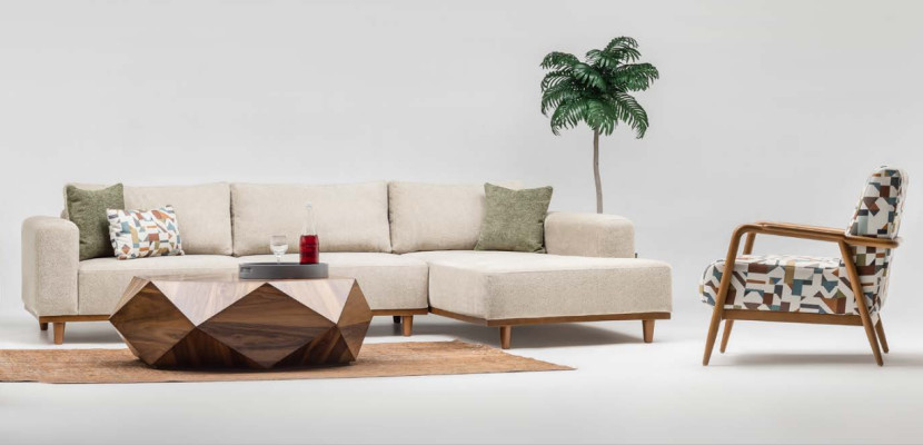 Complete corner sofa L-shape seat upholstered sofa fabric sofa beige sofa couch