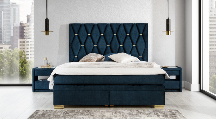Blue bedroom textile set, noble nightstands, stainless steel bed, 3-piece