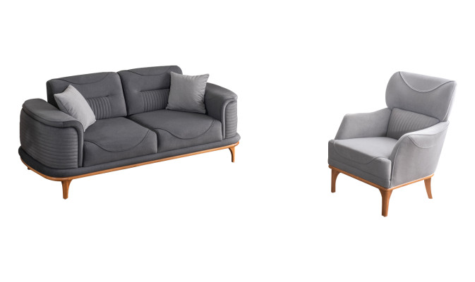 Modern gray 2-piece living room set three-seater sofa and armchair