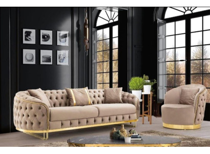Designer living room set 3-seater sofa and armchair beige color 2-piece new