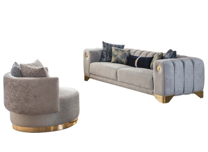 Complete living room, high-quality stylish 3-seater couch, modern gray armchair