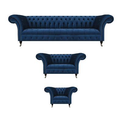 Complete dark blue Chesterfield couches designer armchair 4-seater 3-piece set