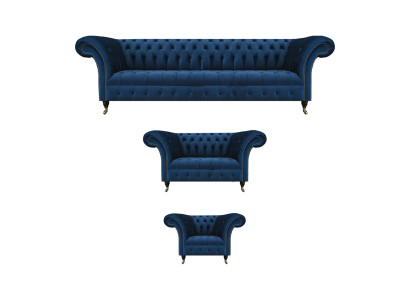 Complete dark blue Chesterfield couches designer armchair 4-seater 3-piece set
