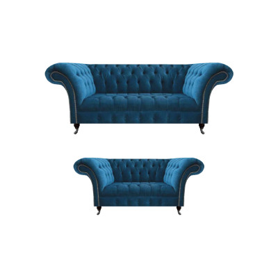 Stylish Chesterfield Sofa Set Blue Living Room Upholstered Couches