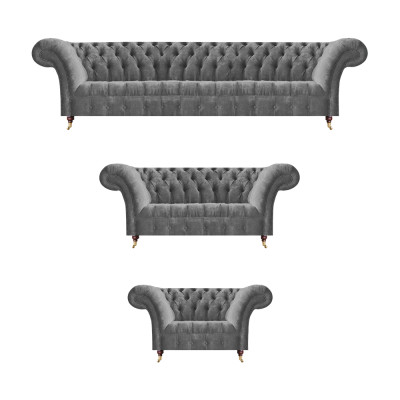 Noble Chesterfield sofa set gray textile four-seater upholstered armchair