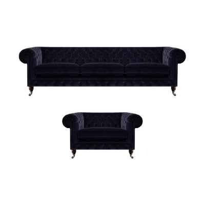 Luxurious Chesterfield sofas dark blue textile three-seater elegant armchair