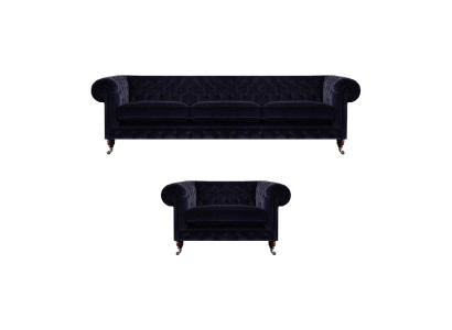 Luxurious Chesterfield sofas dark blue textile three-seater elegant armchair