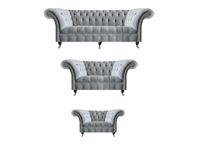 Light gray Chesterfield fabric sofas, designer three-seater armchair seating furniture.