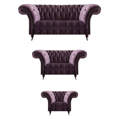 Stylish Chesterfield Purple Sofa Set Seating Set 3-Seater 2-Seater Armchair