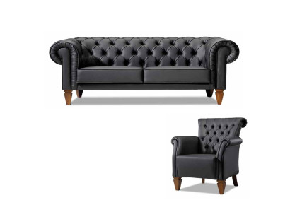 Black Chesterfield Seating Set Leather Sofa Modern Single Seater 2-Piece Set