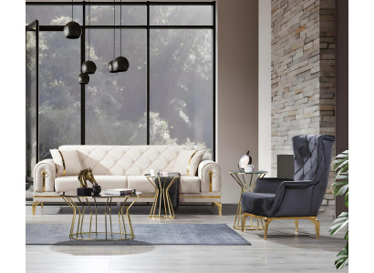 Exclusive Chesterfield Sofa Set White Three-Seater Gray Armchair