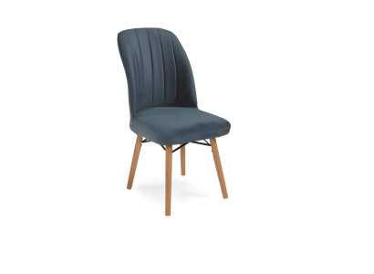 Dark blue dining room chair with armrests wooden legs designer textile furniture