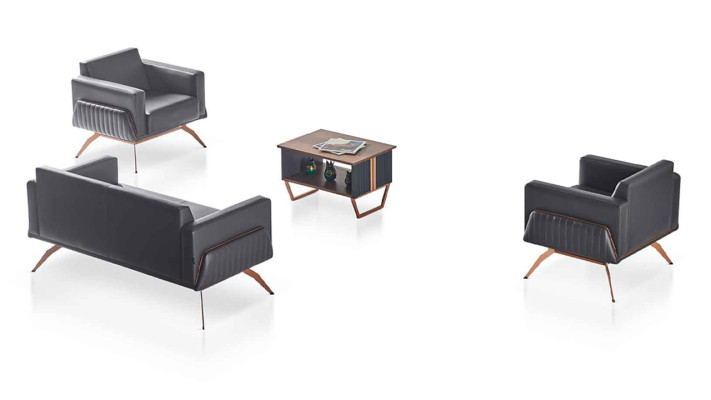 Study Room Set 4-Piece 3-Seater 2x Armchair Coffee Table Gray Solid Color Style