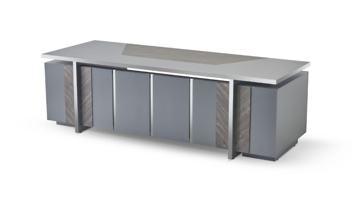 Rectangular office desk, gray, solid color, modern design style with storage space.