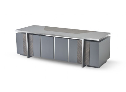 Rectangular office desk, gray, solid color, modern design style with storage space.