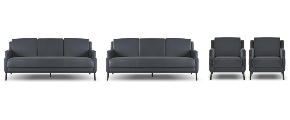 Office set, 4-piece: 2x 3-seater, 2x armchair, dark gray, solid color, modern