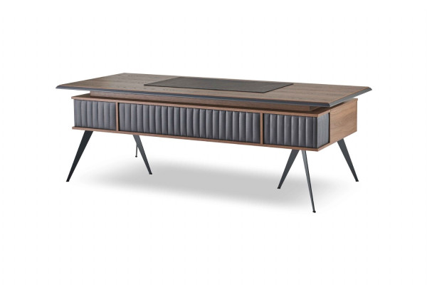 Rectangular office desk, brown and gray two-tone with drawers, modern.